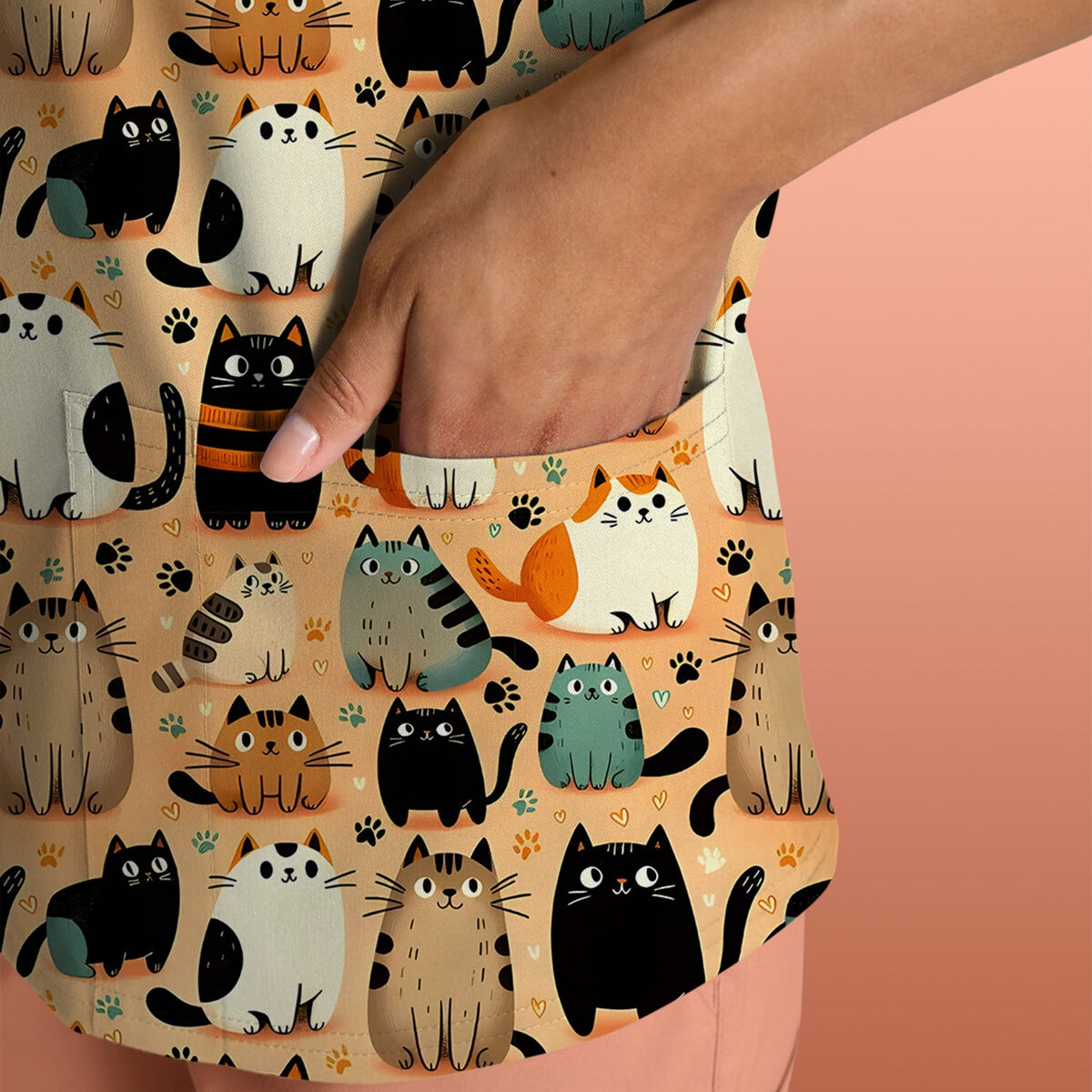 Cat Parade Doodle Pattern Scrub Top, Comfortable Scrubs for Nurses