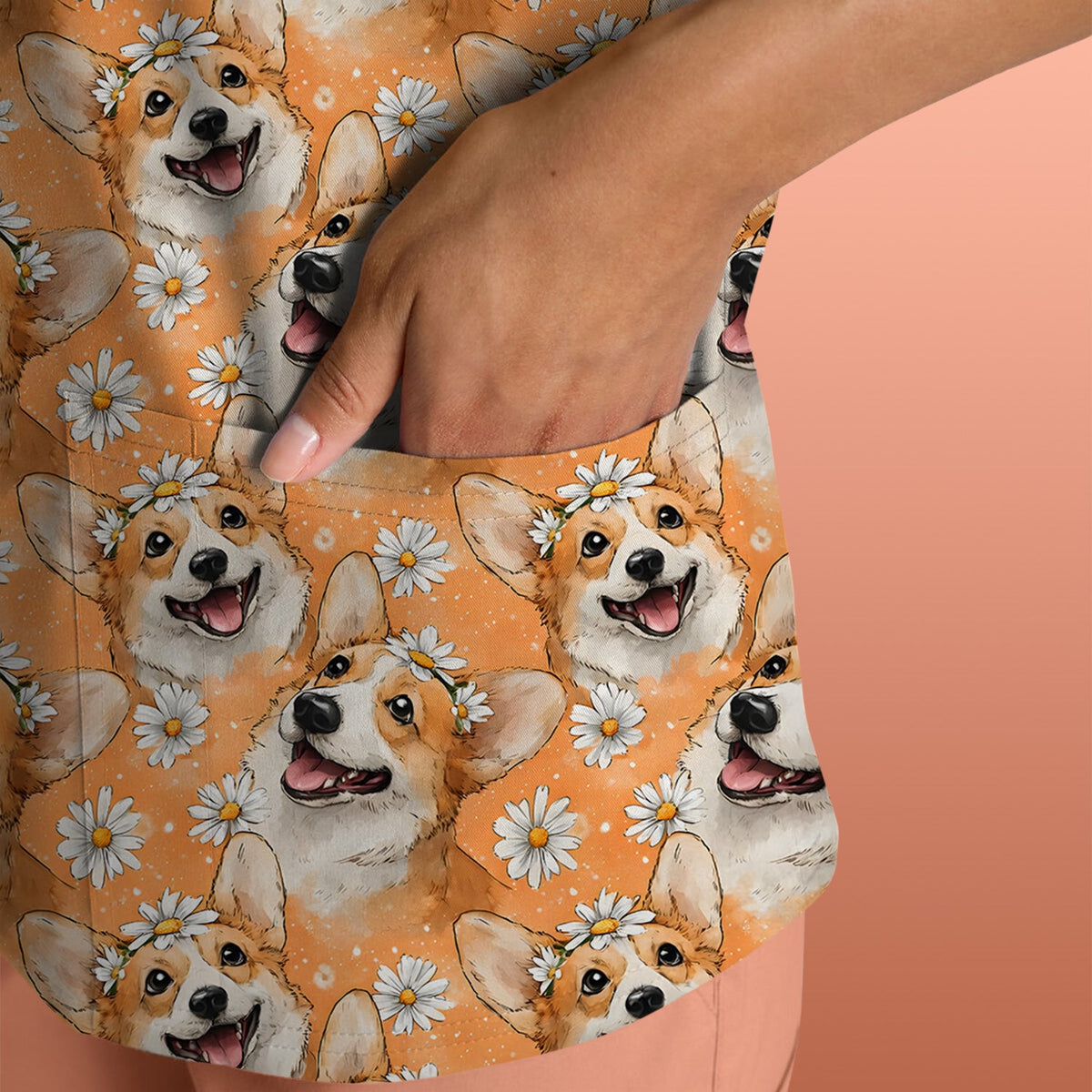 Corgi Daisy Floral Orange Nurse Scrub Top
