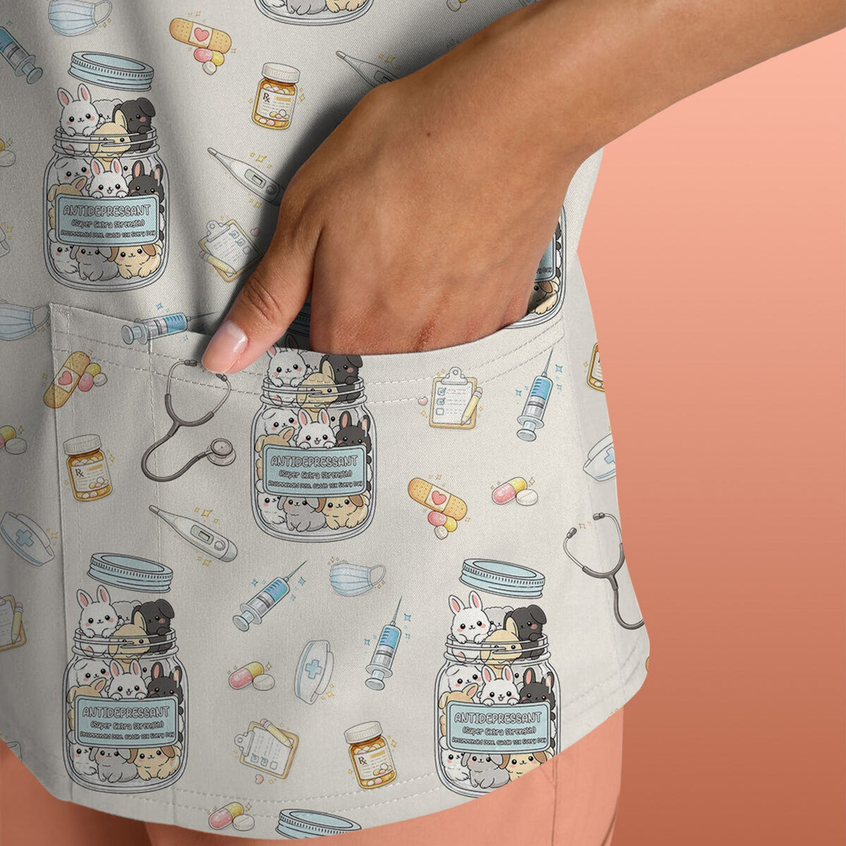 Whimsical Antidepressant Rabbit Jar Nurse Scrub Top