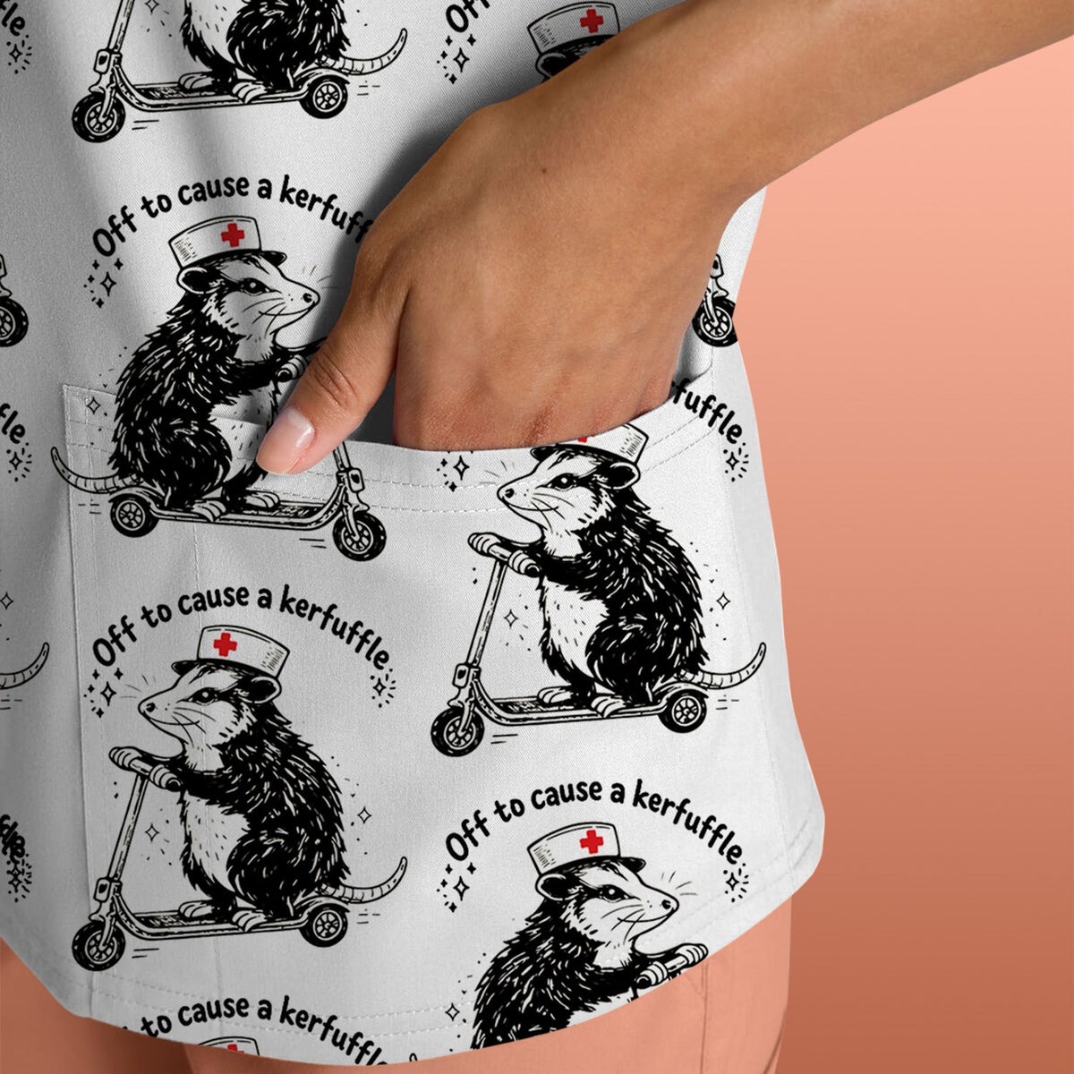 Funny Opossum Nurse Riding Scooter Pattern Scrubs Top, Breathable Fabrics Nursing Uniform