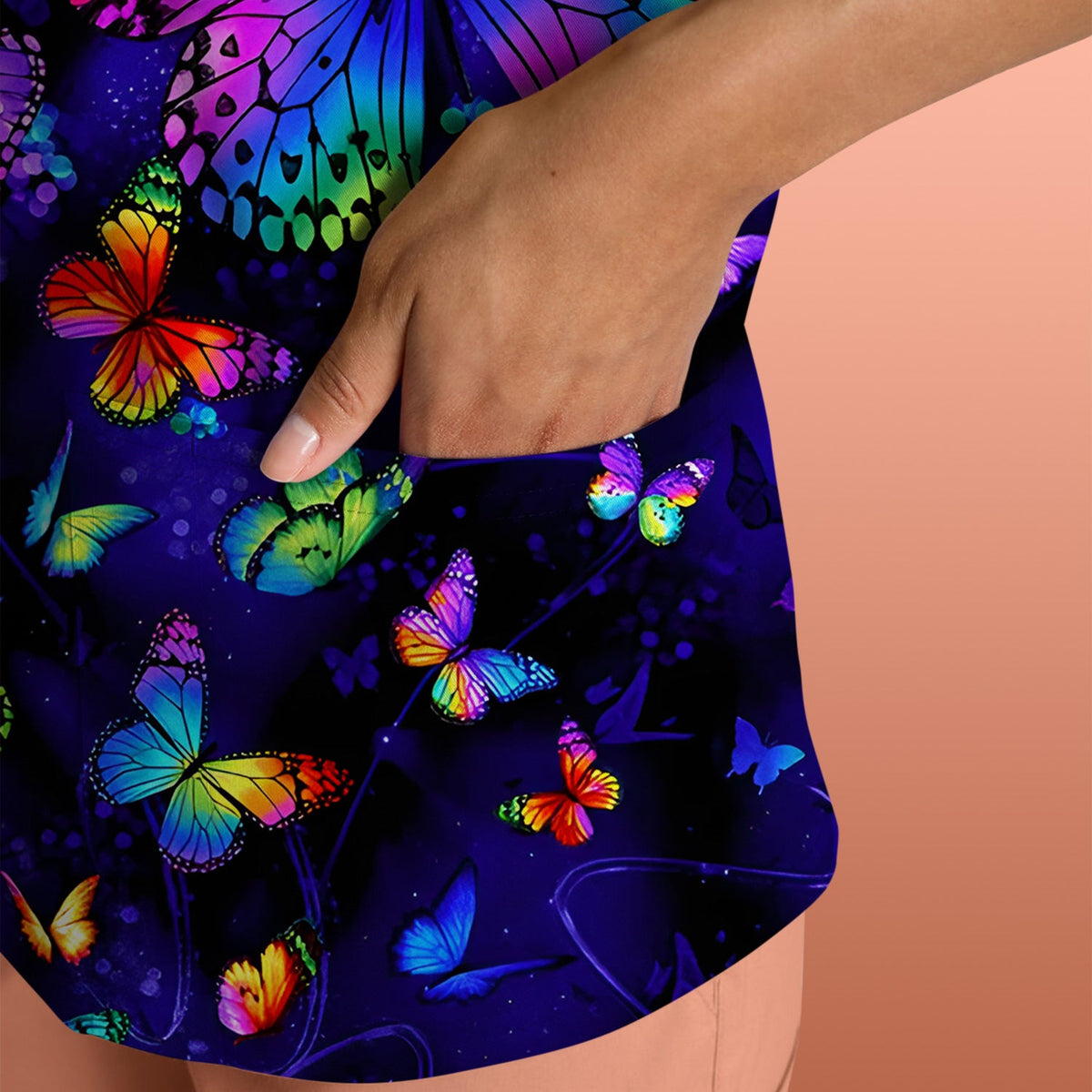 Vibrant Rainbow Butterfly Galaxy Nurse Scrub Top