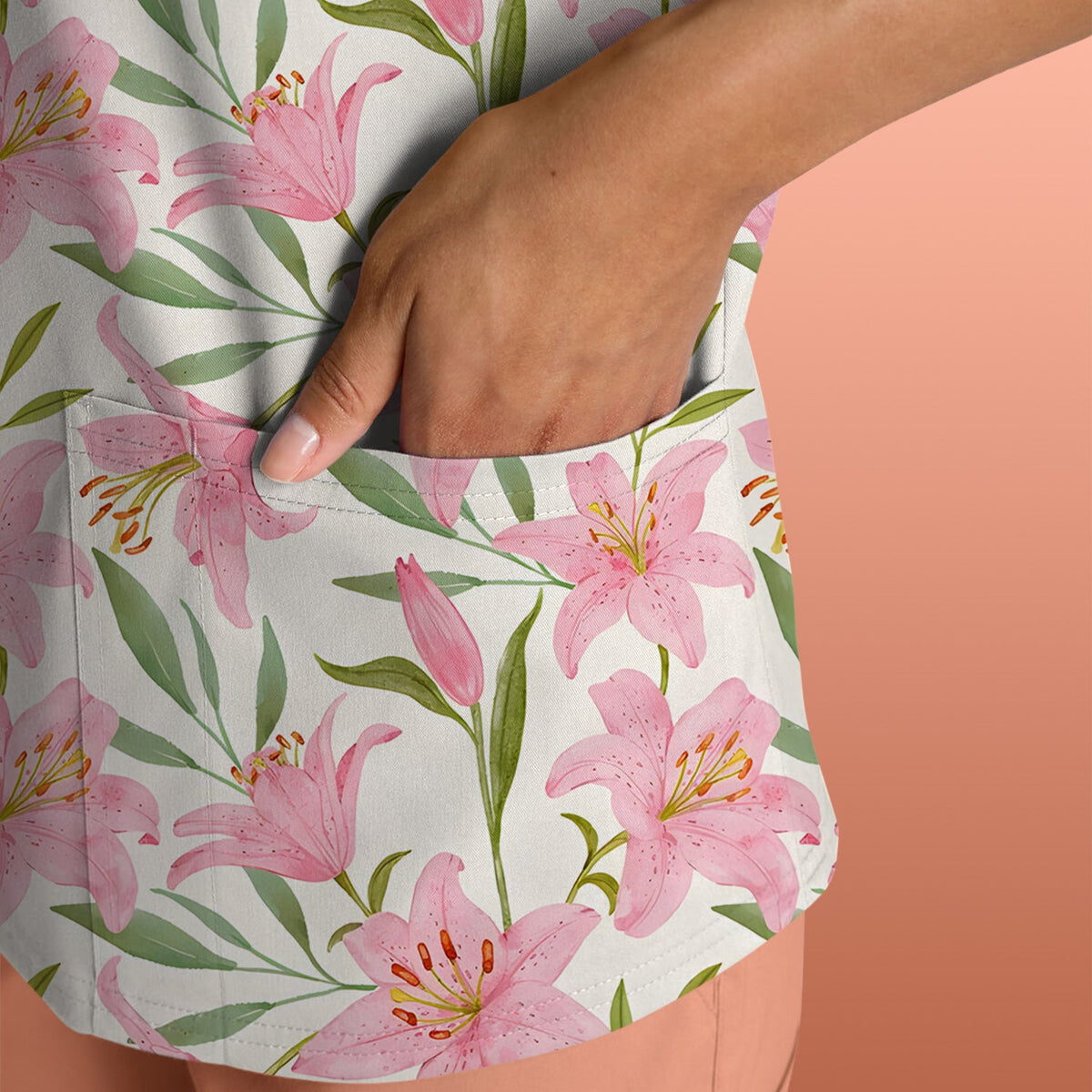 Pink Lily Floral Nurse Scrub Top