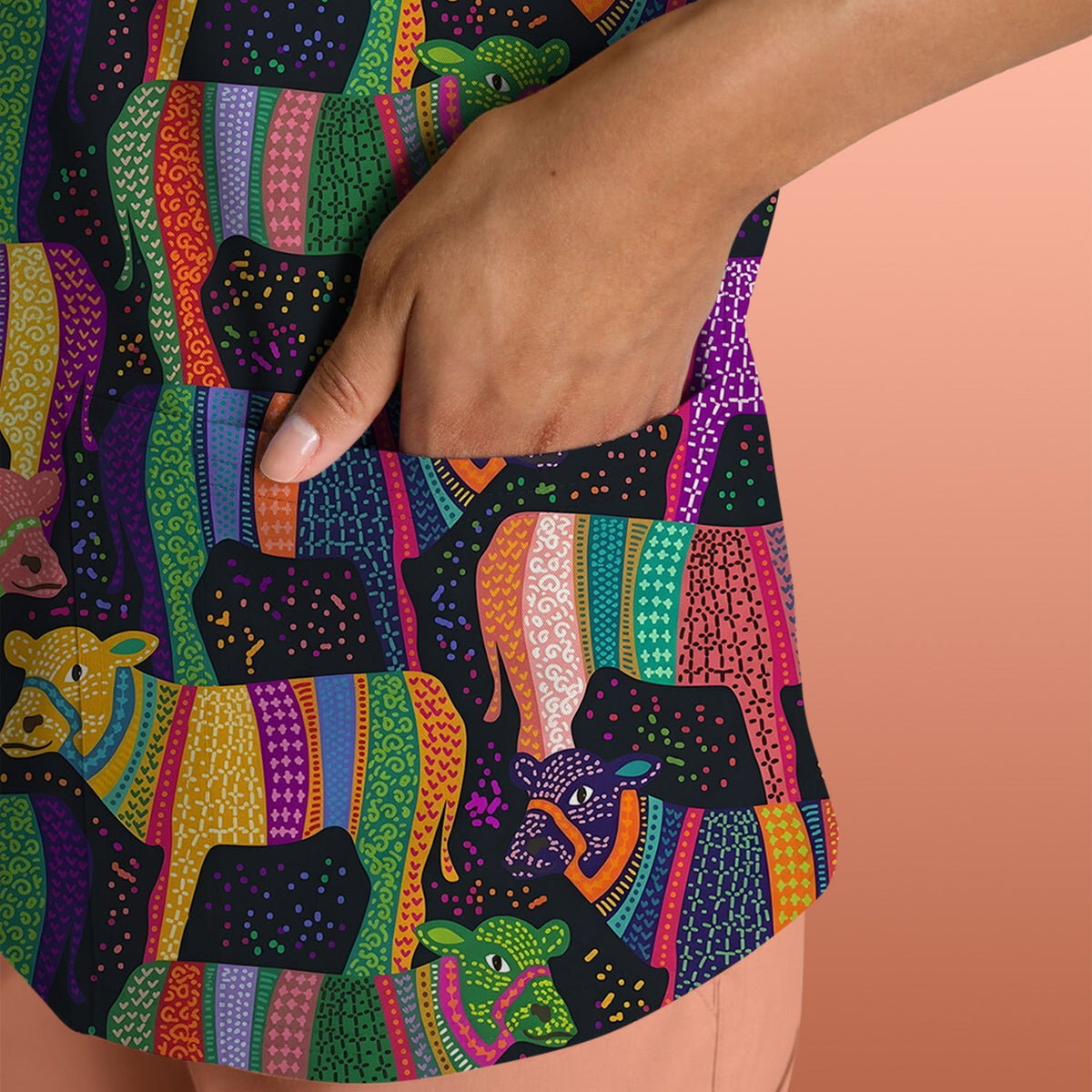 Vibrant Patchwork Rainbow Cow Nurse Scrub Top
