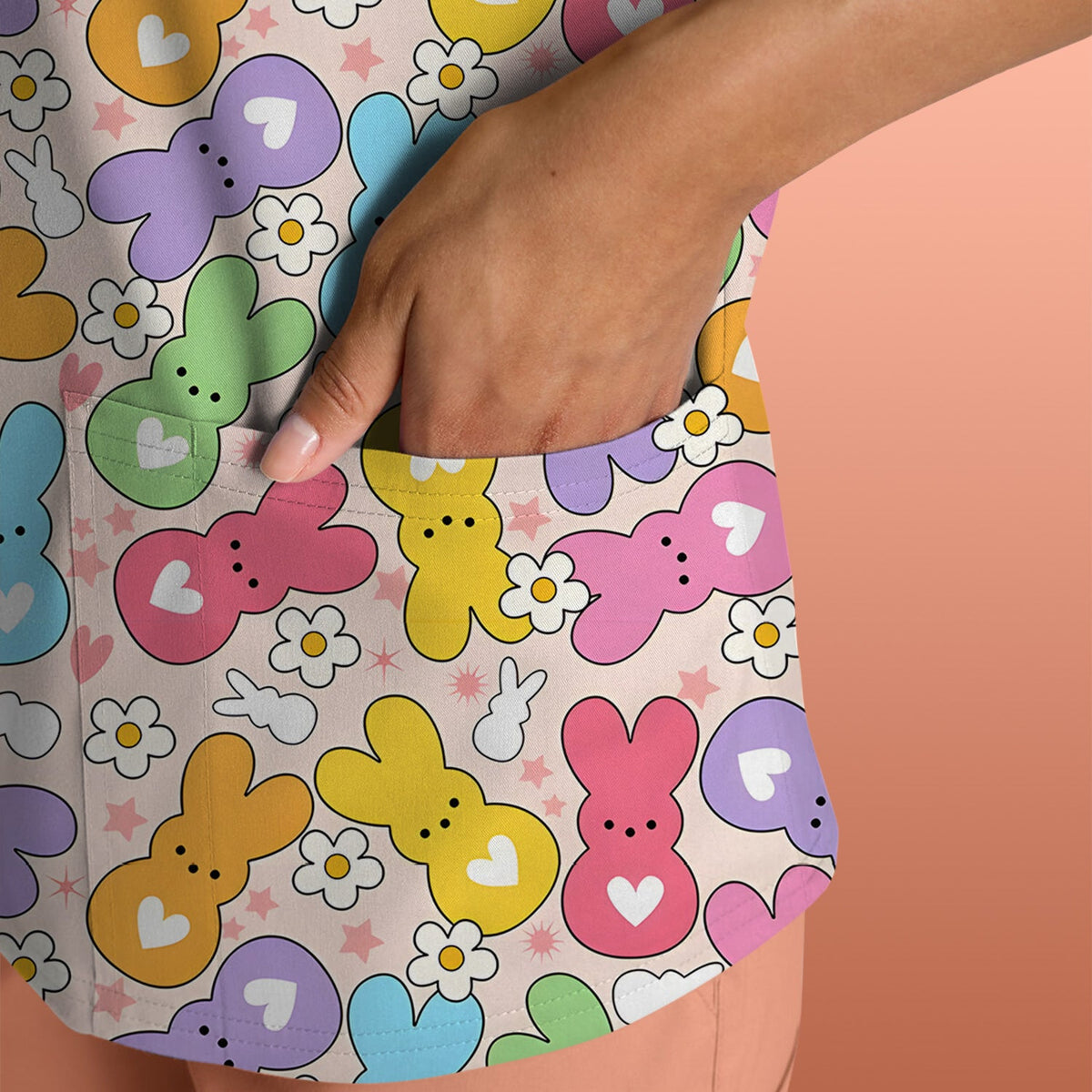 Sweet Pastel Bunny Daisy Scrub Top - Easter Gift For Nurse