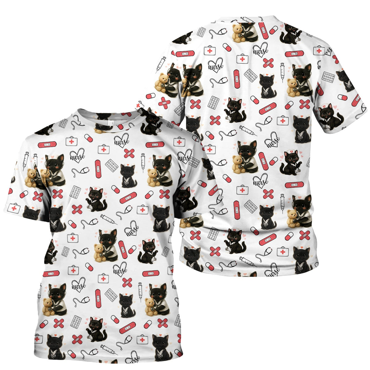 Cute Black Cat Nurse Scrub Top for RN CNA LPN - Funny Kitty Medical Pattern Uniform - Gift for Cat Loving Healthcare Women