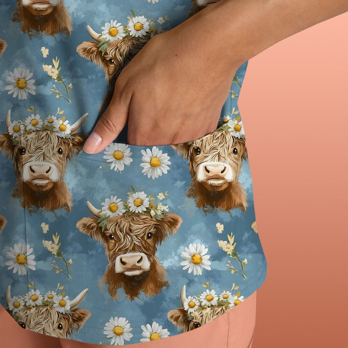 Highland Cow Daisy Flower Nurse Scrub Top