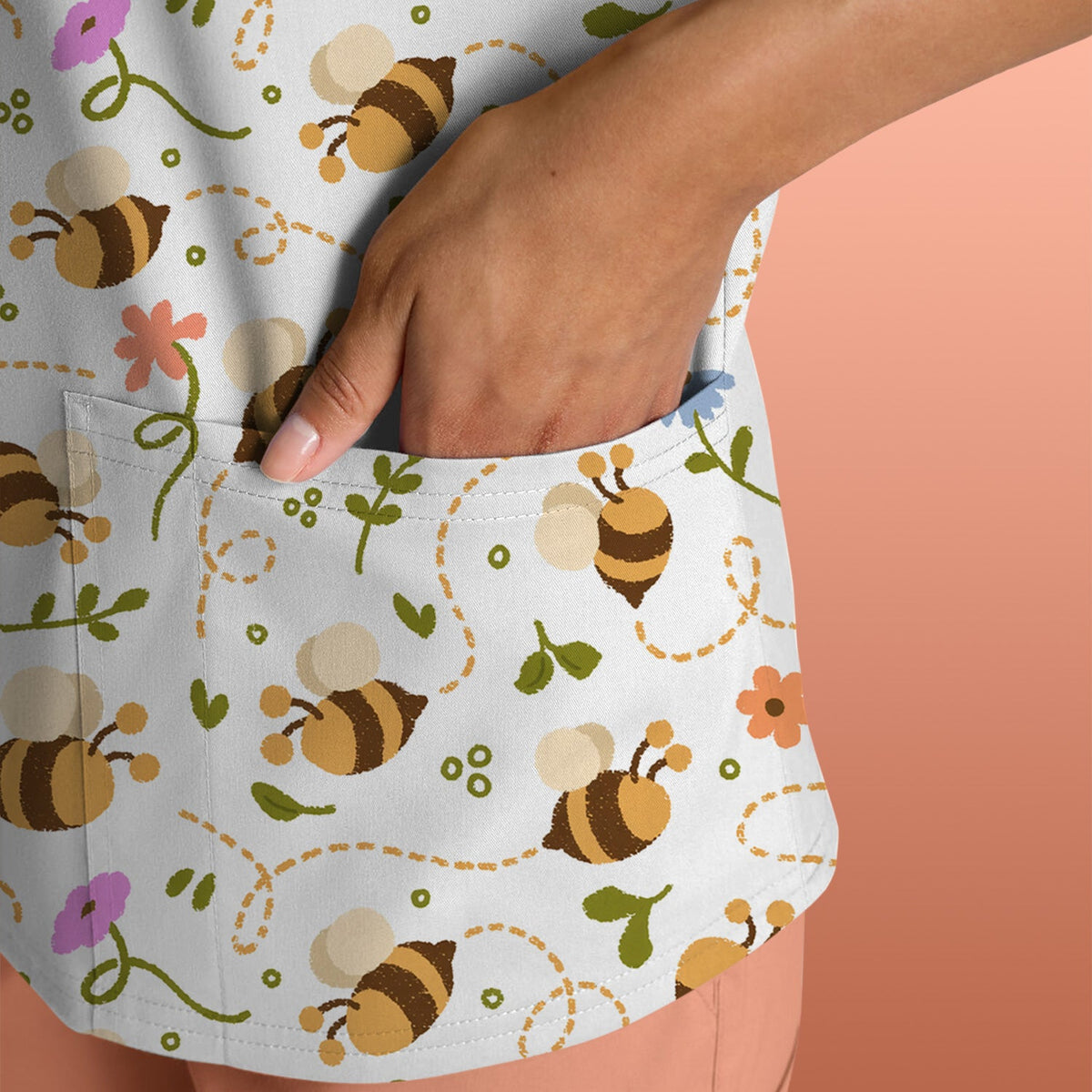 Bee Flying Floral Trail Garden Nurse Scrub Top