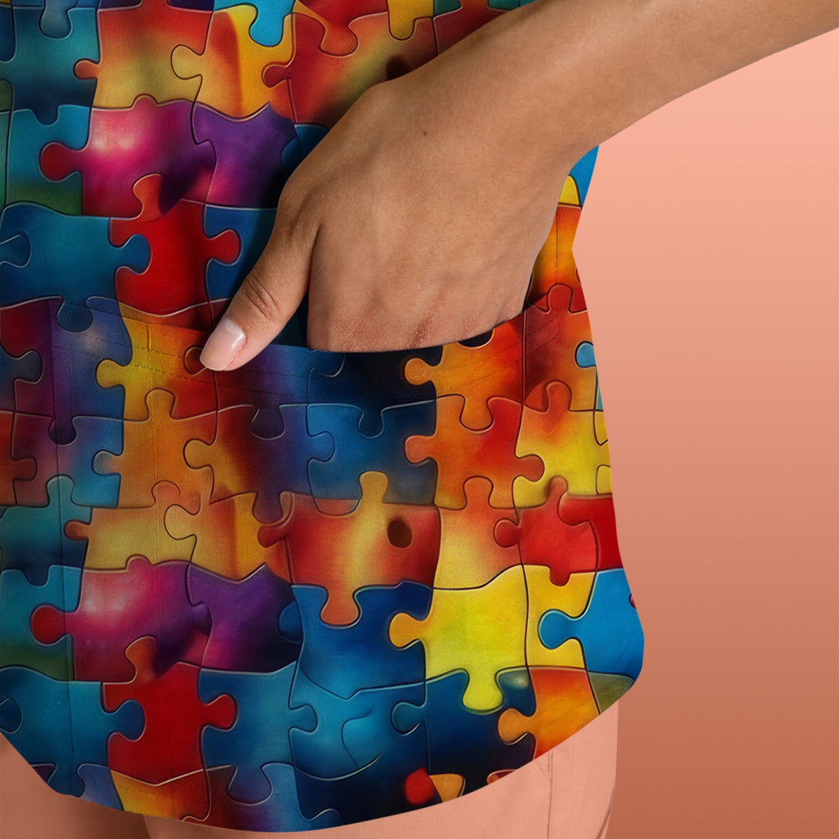 Rainbow Puzzle Piece Nurse Scrub Top