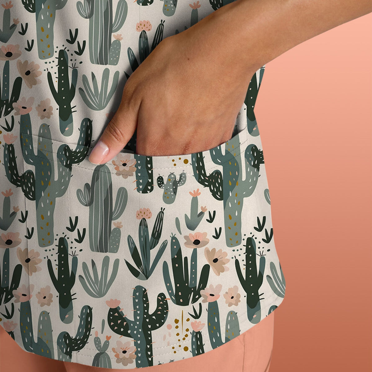 Green Cactus Desert Blossom Nurse Scrub Top