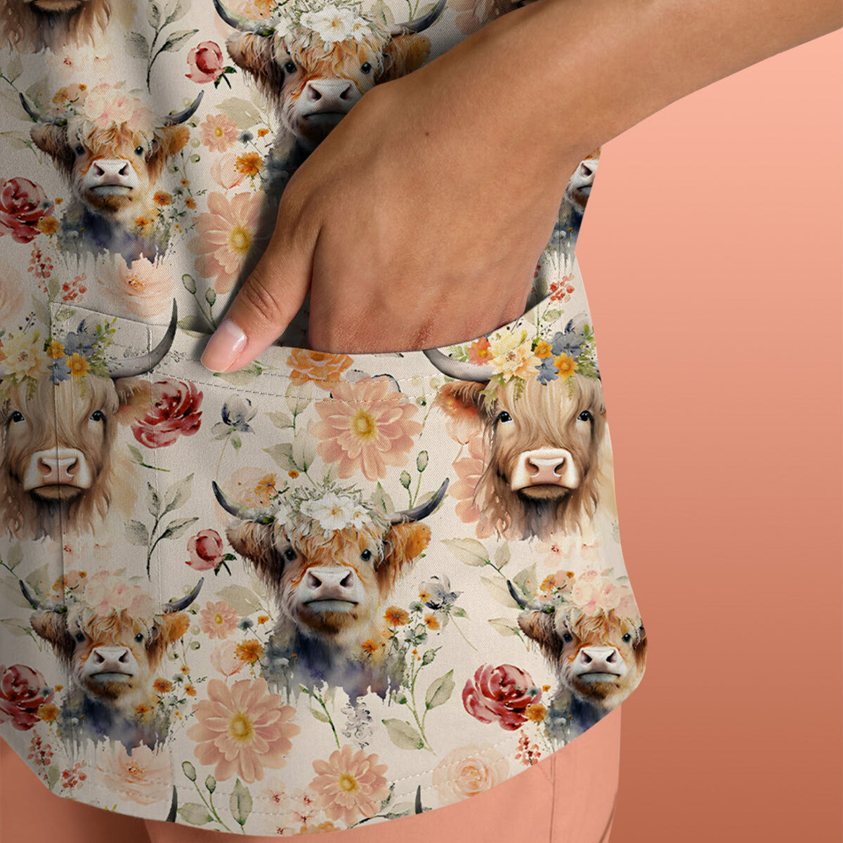 Cute Highland Cow Floral Pattern Scrub Top, Comfortable Scrubs for Nurses