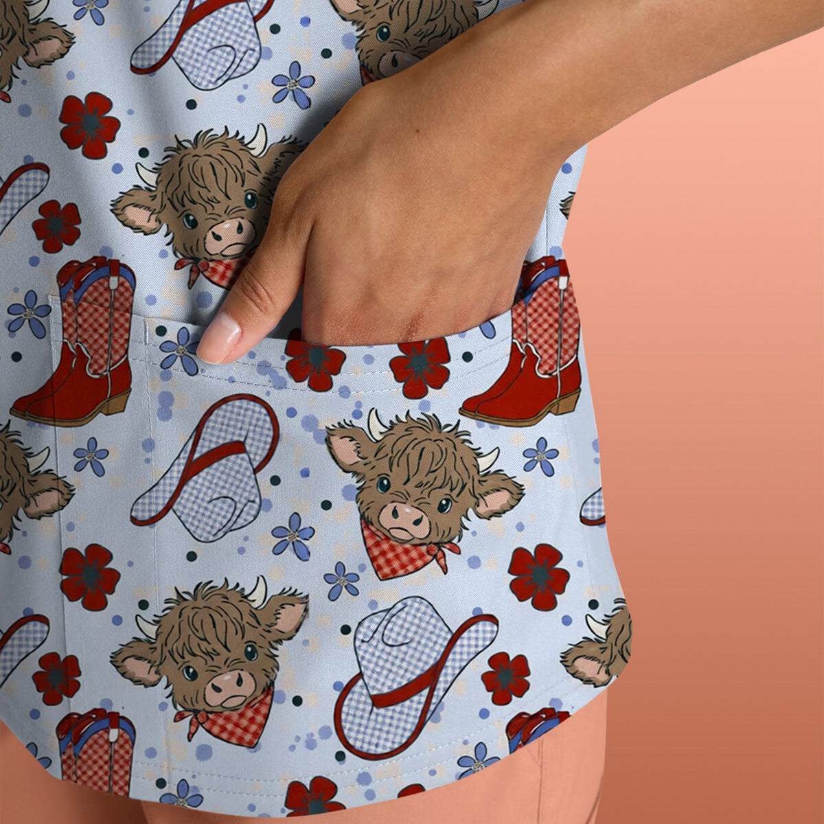 Highland Cow Cowboy Boots Nurse Scrub Top