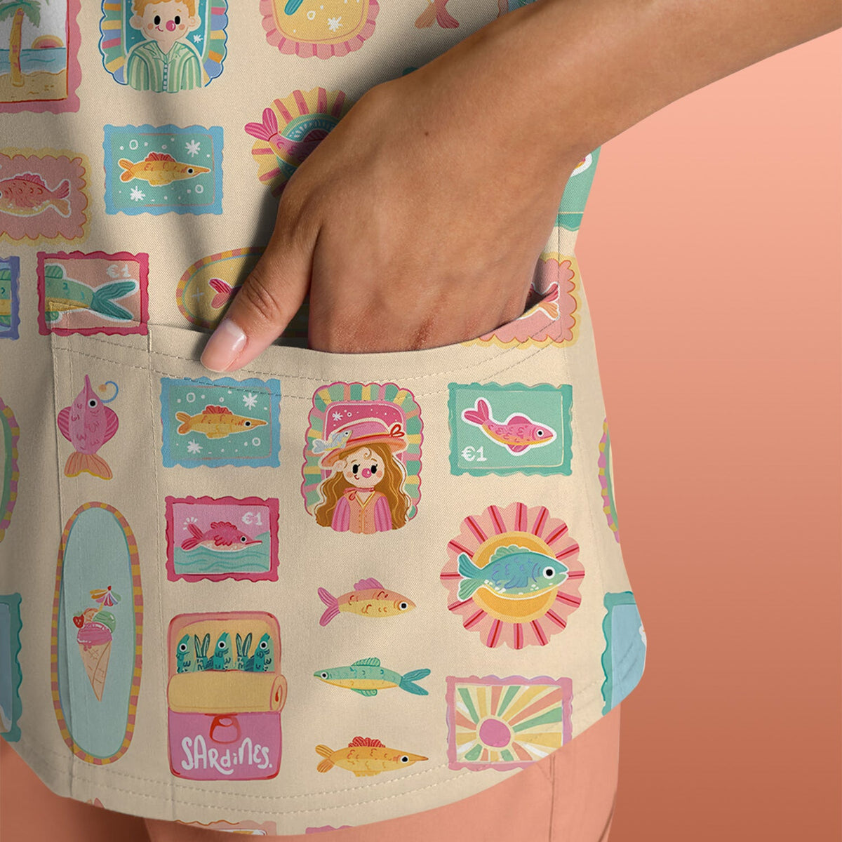 Coastal Vintage Postage Stamp Nurse Scrub Top