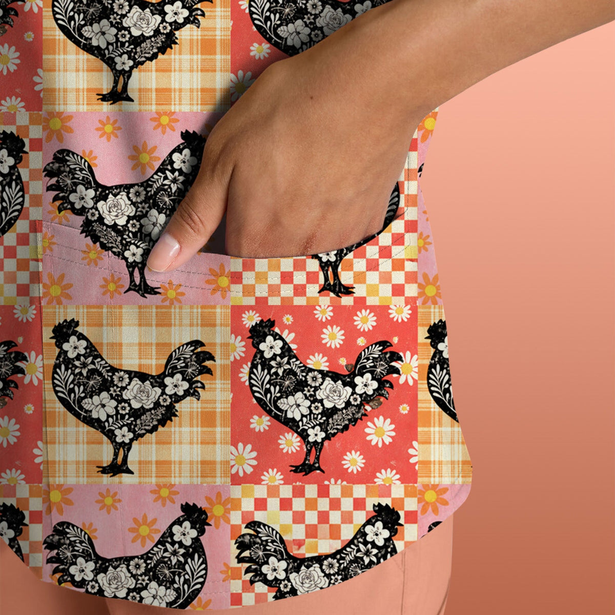 Floral Chicken Patchwork Nurse Scrub Top