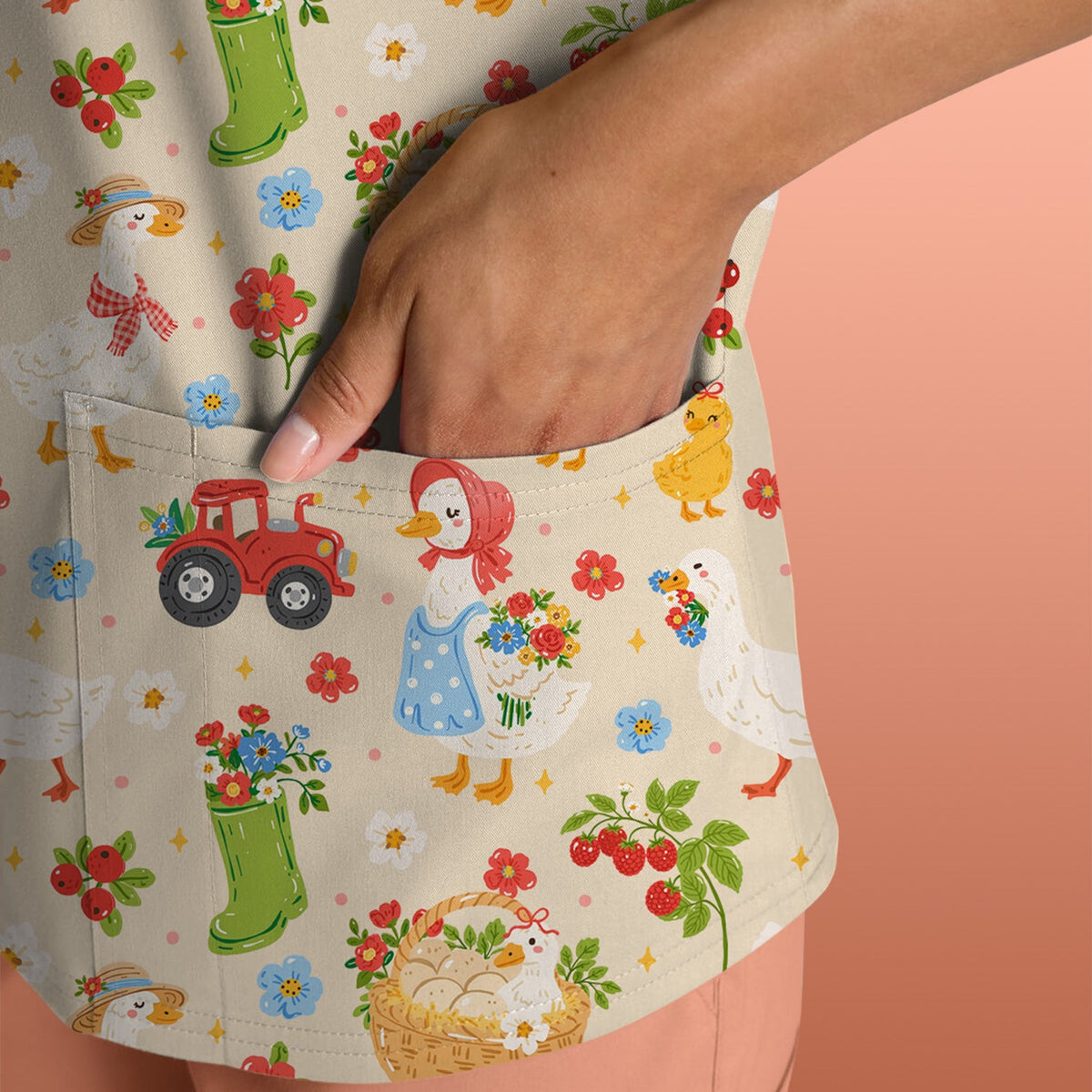 Farm Duck Chicken Tractor Flower Basket Nurse Scrub Top