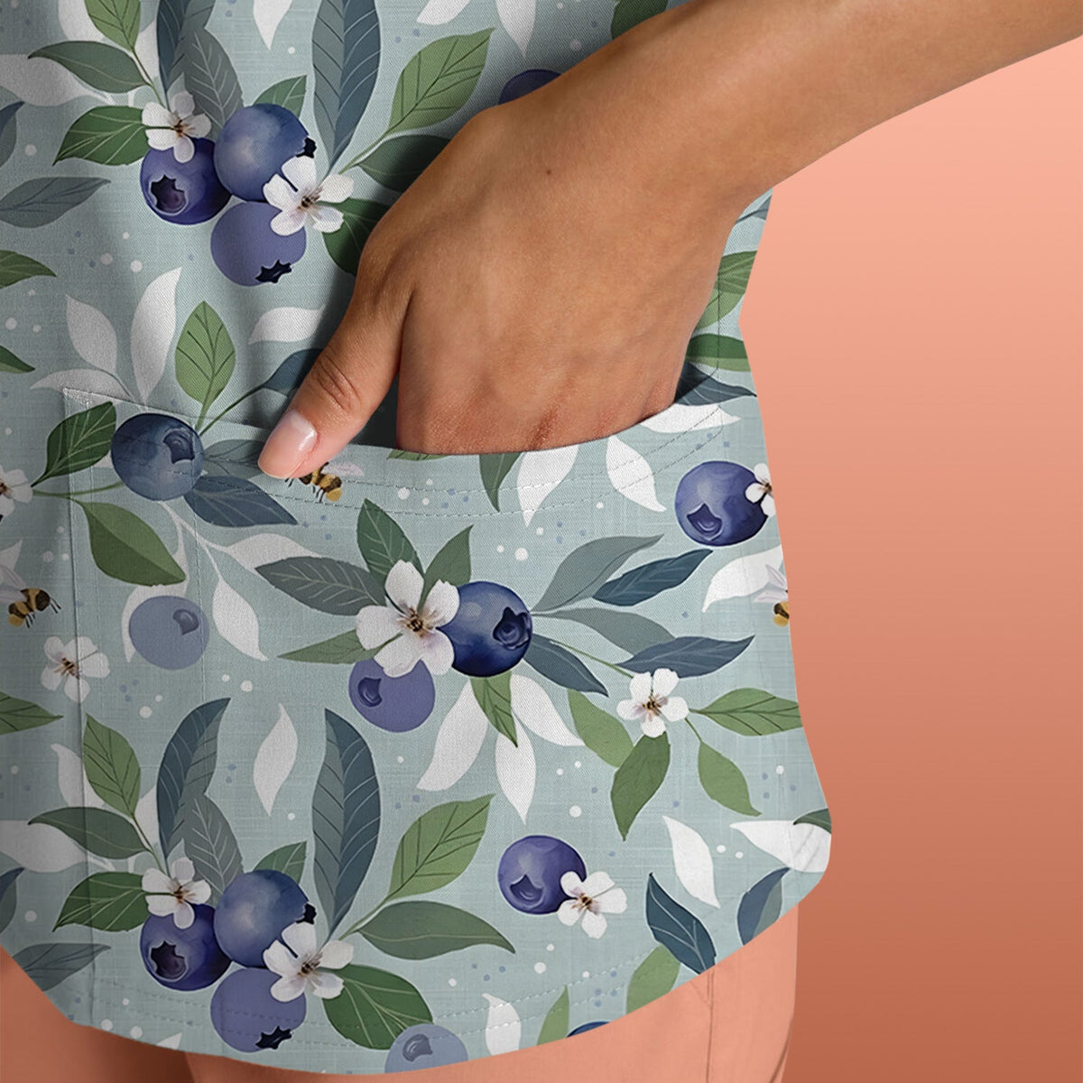 Fresh Blueberry Blossom Garden Nurse Scrub Top