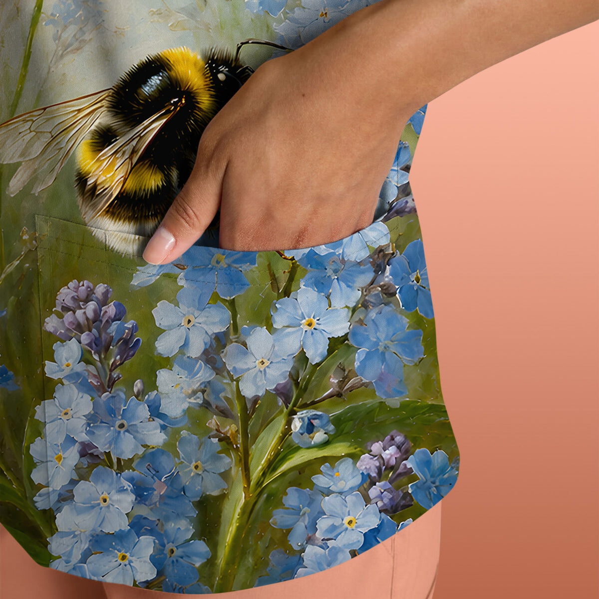 Whimsical Bumblebee Blue Blossom Nurse Scrub Top