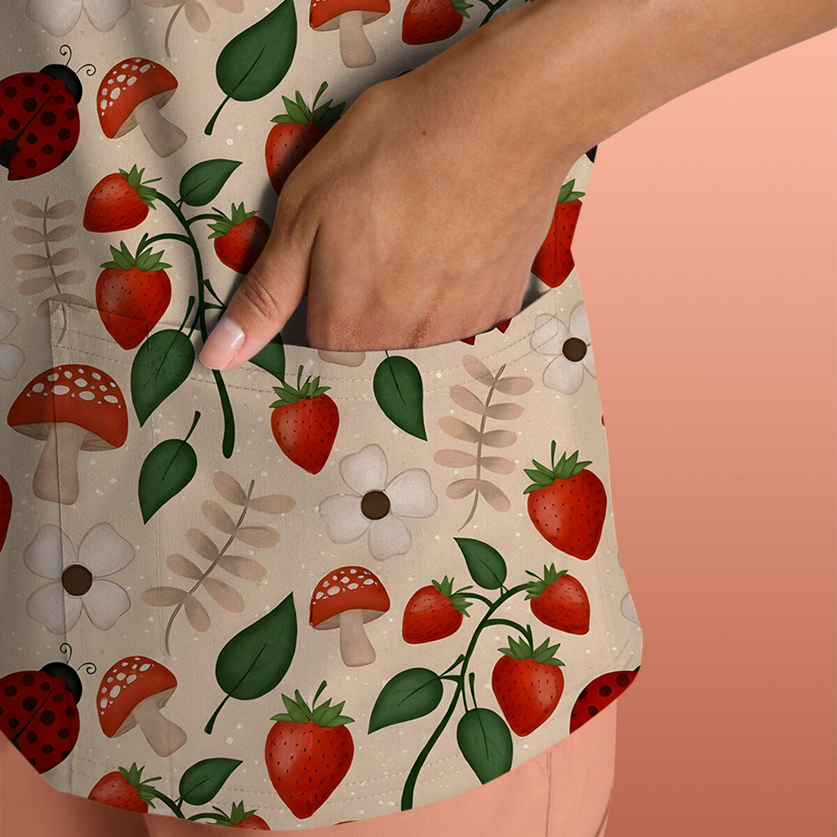 Strawberry Ladybug Mushroom Floral Nurse Scrub Top