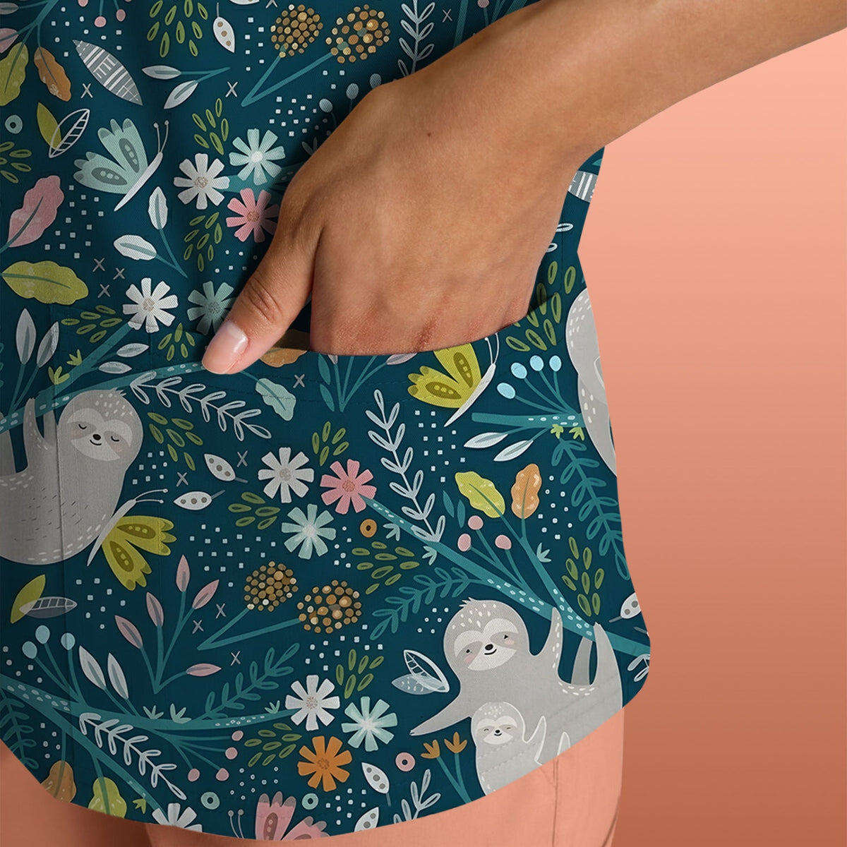 Sloth Jungle Leaf Nurse Scrub Top