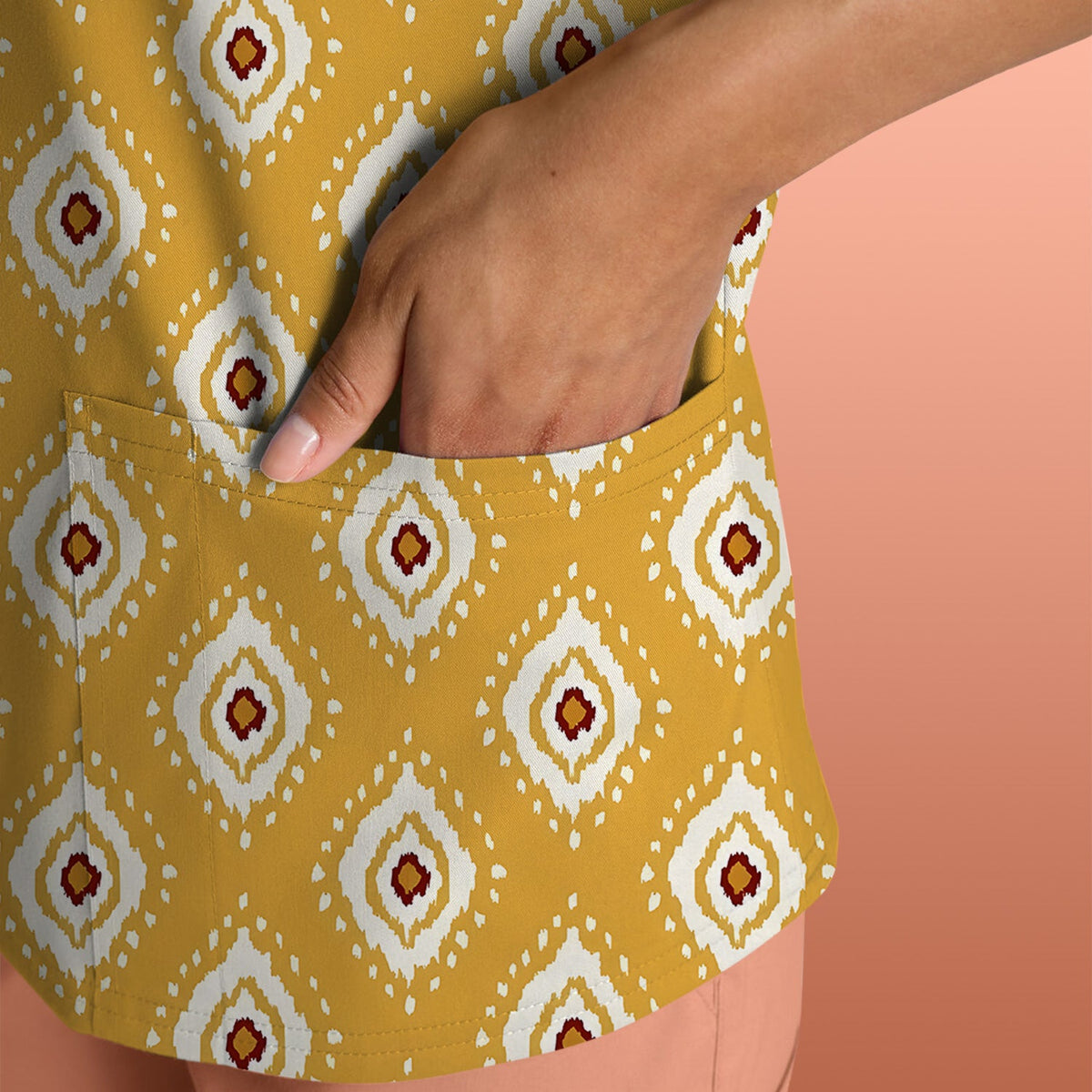 Mustard Geometric Ikat Nurse Scrub Top