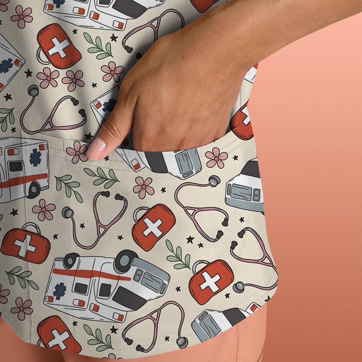 Ambulance Stethoscope First Aid Floral Nurse Scrub Top
