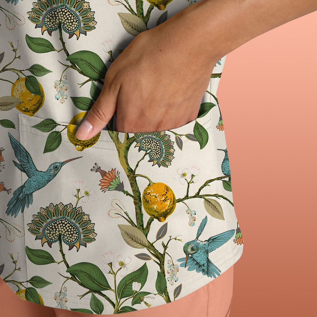 Hummingbird Lemon Floral Nurse Scrub Top