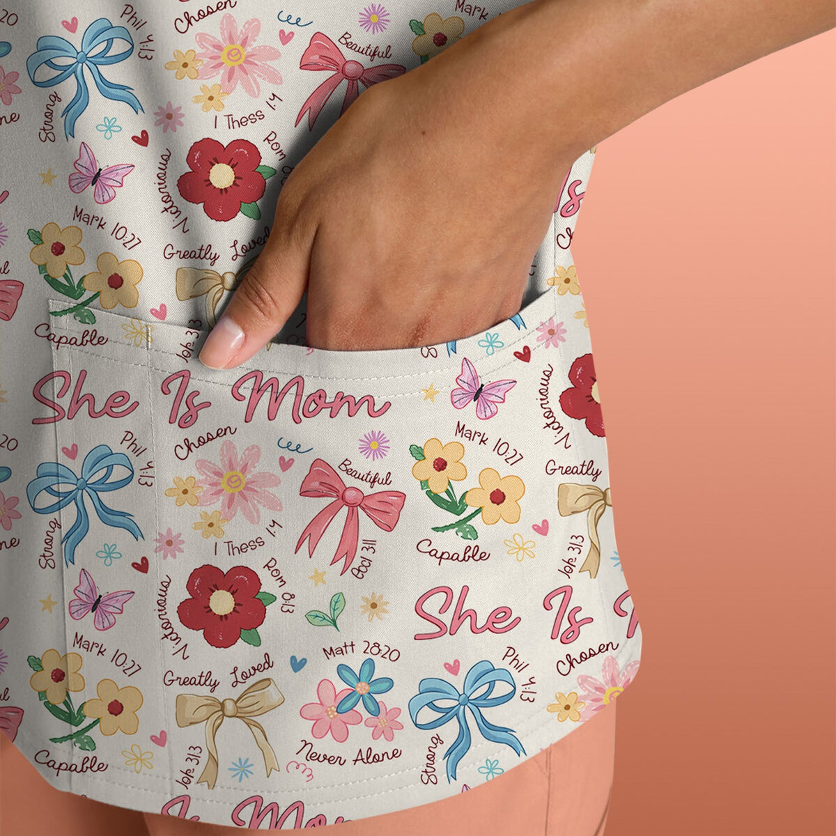 She Is Mom Floral Bow Nurse Scrub Top