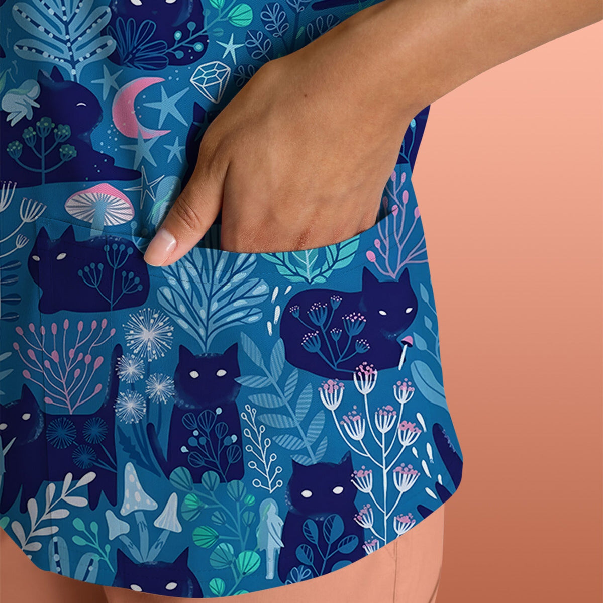 Adorable Celestial Cat Moon Star Nurse Scrub Top