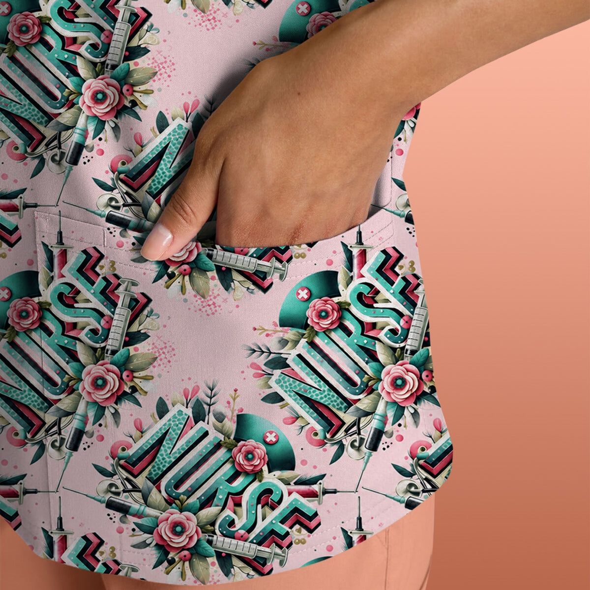Typography Floral Nurse Scrub Top