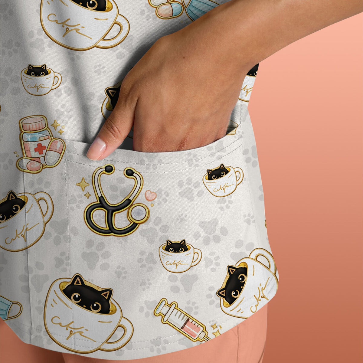 Coffee Cat Nurse Scrub Top