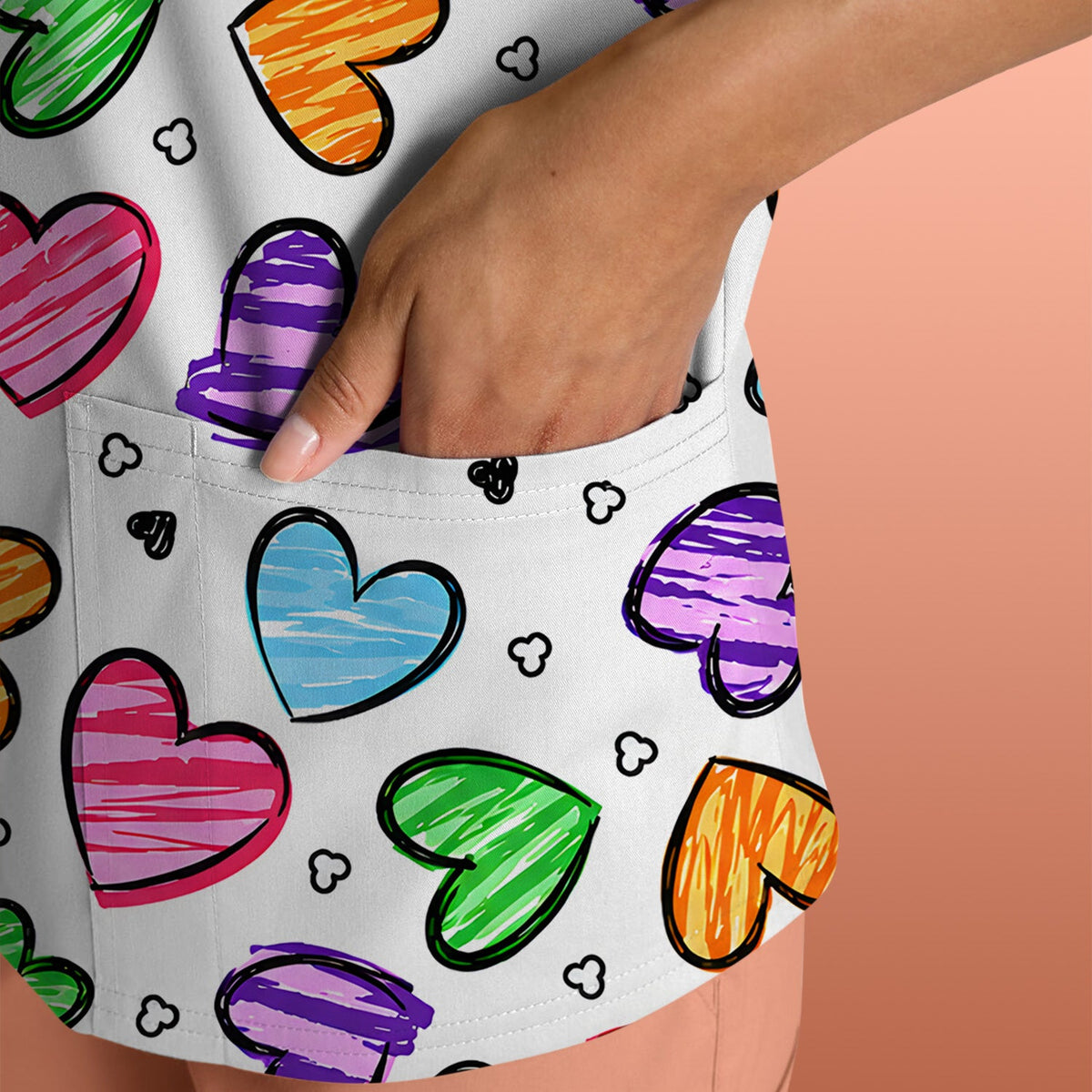 Colorful Doodle Heart Nurse Scrub Top