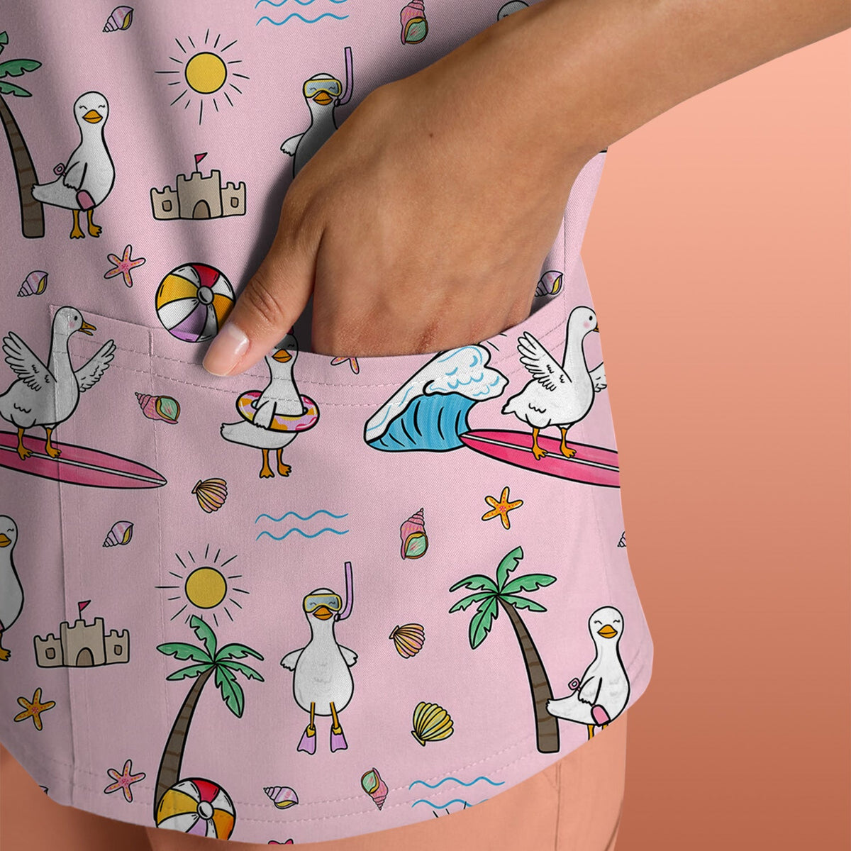 Seagull Surfboard Beach Palm Tree Nurse Scrub Top