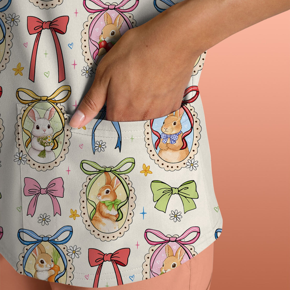 Bunny Cameo Bow Nurse Scrub Top - Easter Gift