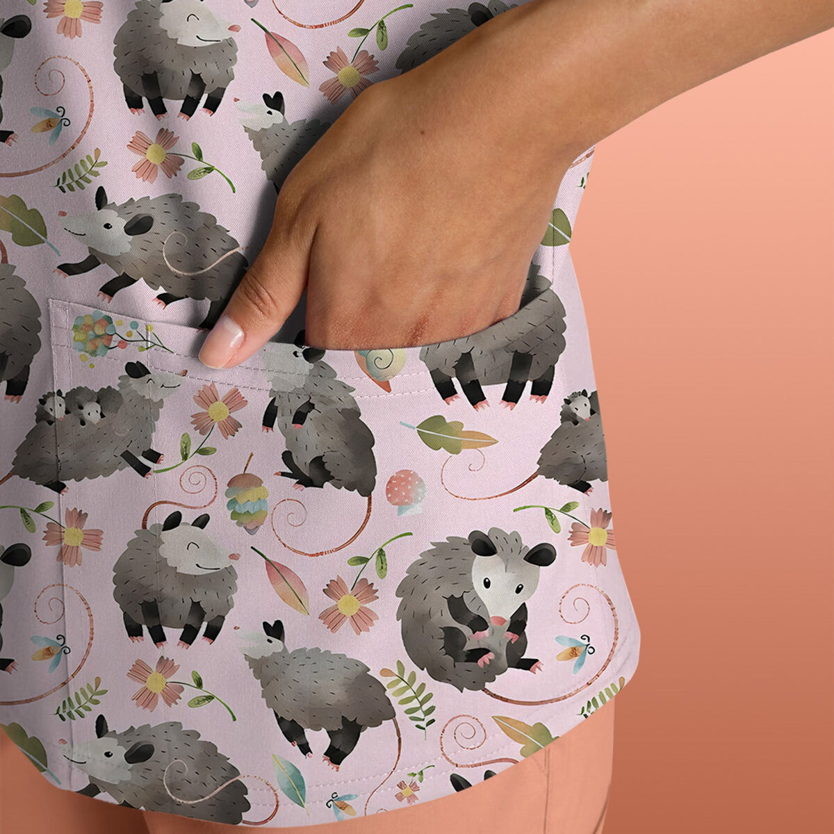 Opossum Playing Flower Garden Nurse Scrub Top