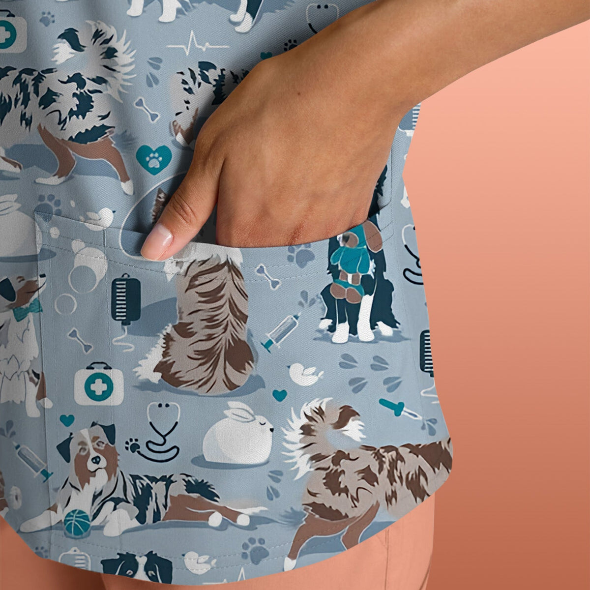 Cute Dog Pattern Veterinary Scrub Top, Breathable Fabrics Nursing Uniform