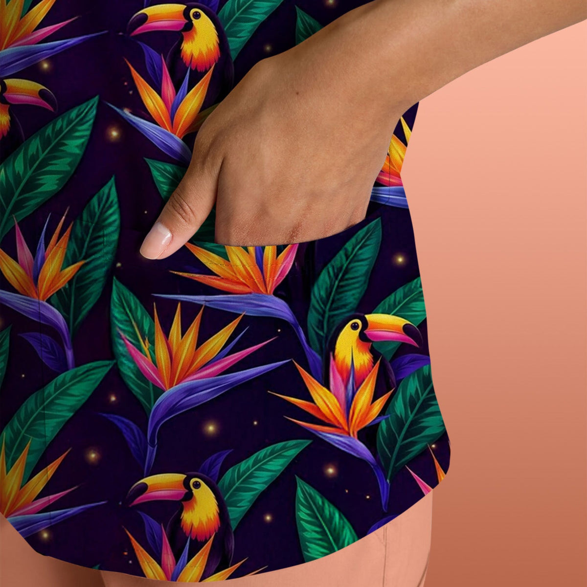 Tropical Toucan Paradise Leaves Nurse Scrub Top