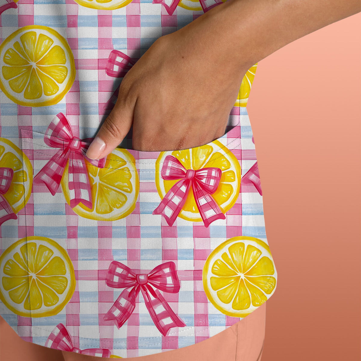 Lemon Slice Pink Bow Gingham Nurse Scrub Top