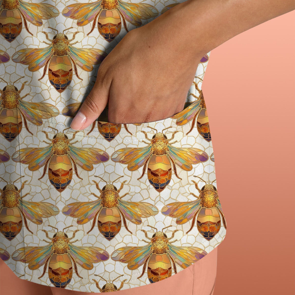 Golden Honey Bee Honeycomb Nurse Scrub Top