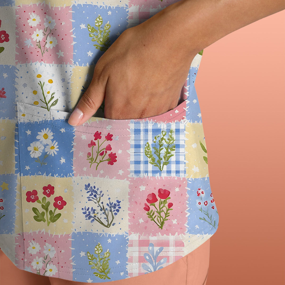 Pastel Patchwork Wildflower Garden Nurse Scrub Top