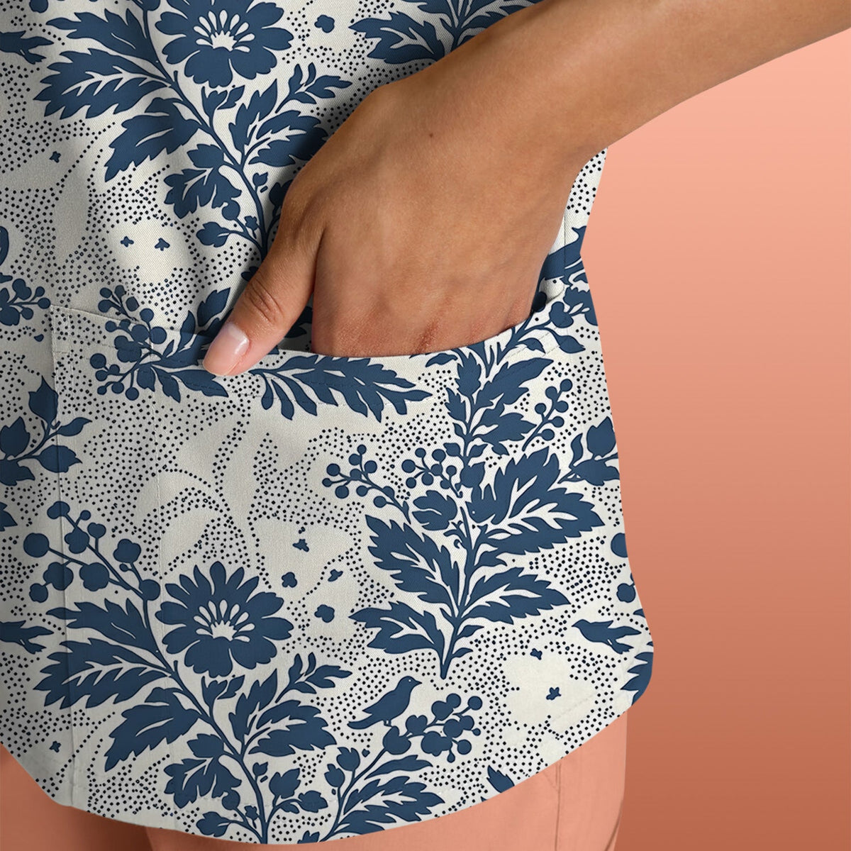 Cute Blue Floral Botanical Nurse Scrub Top