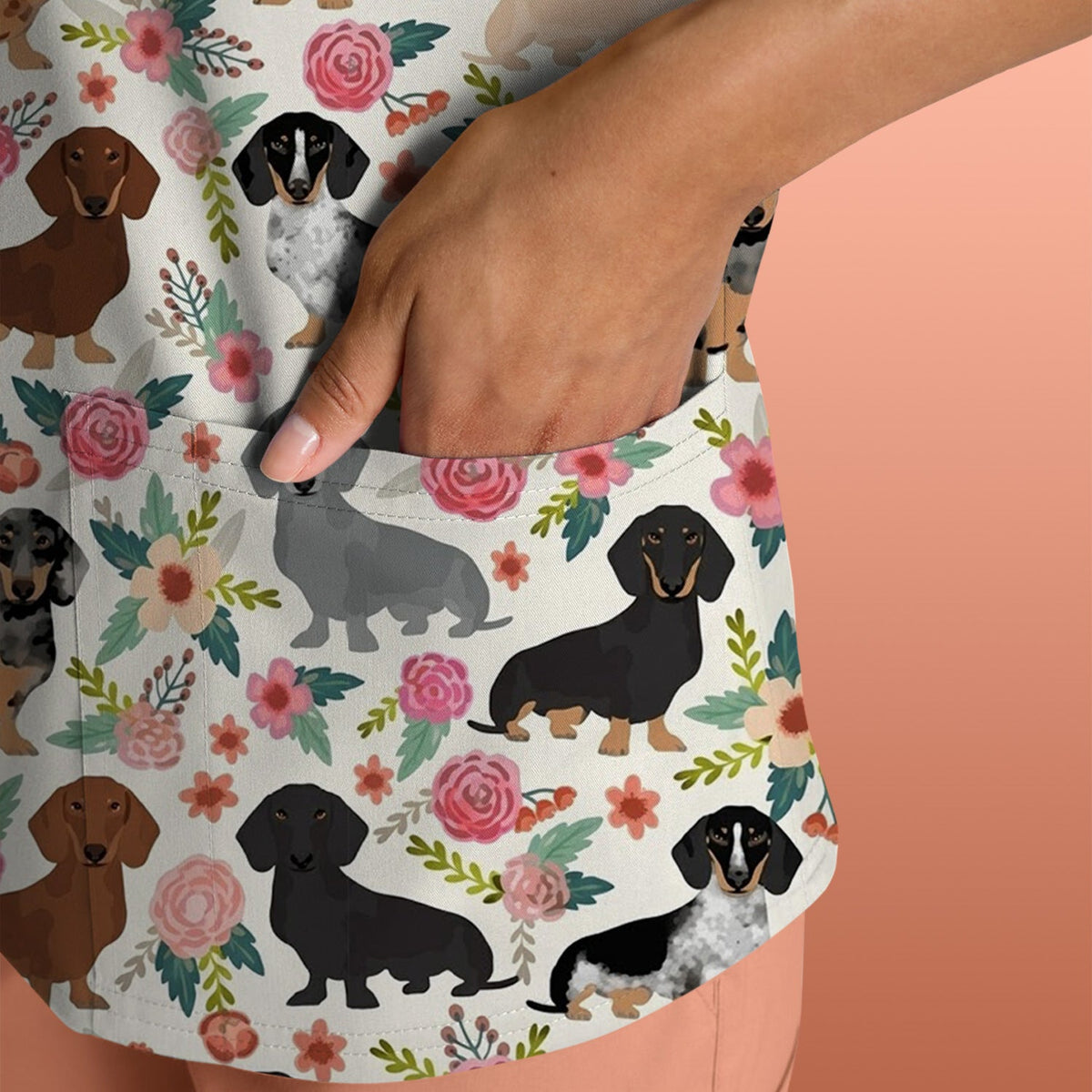 Adorable Dachshund Floral Pattern Scrub Top, Comfortable Scrubs For Nurses