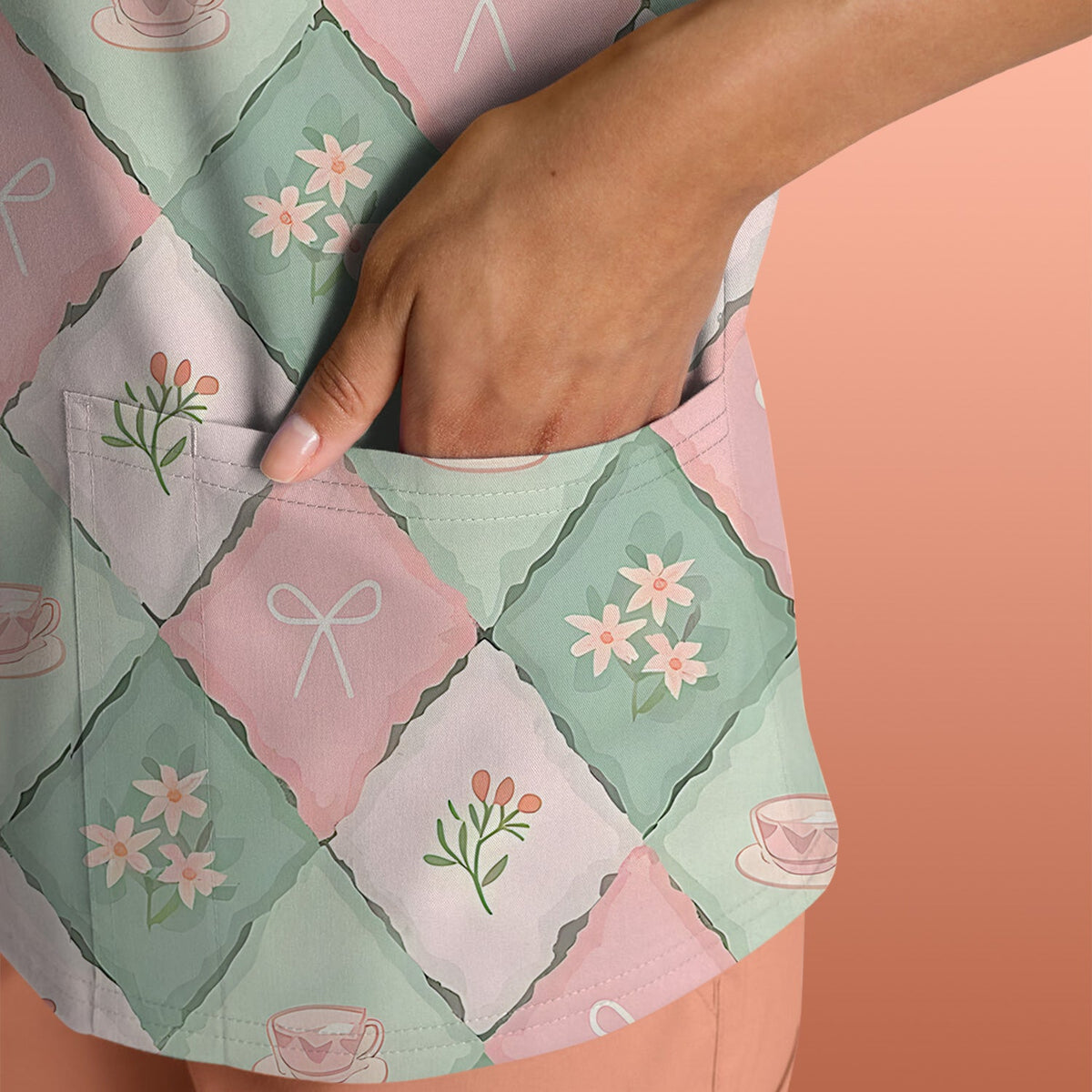 Flowers Tea Cups Nurse Scrub Top