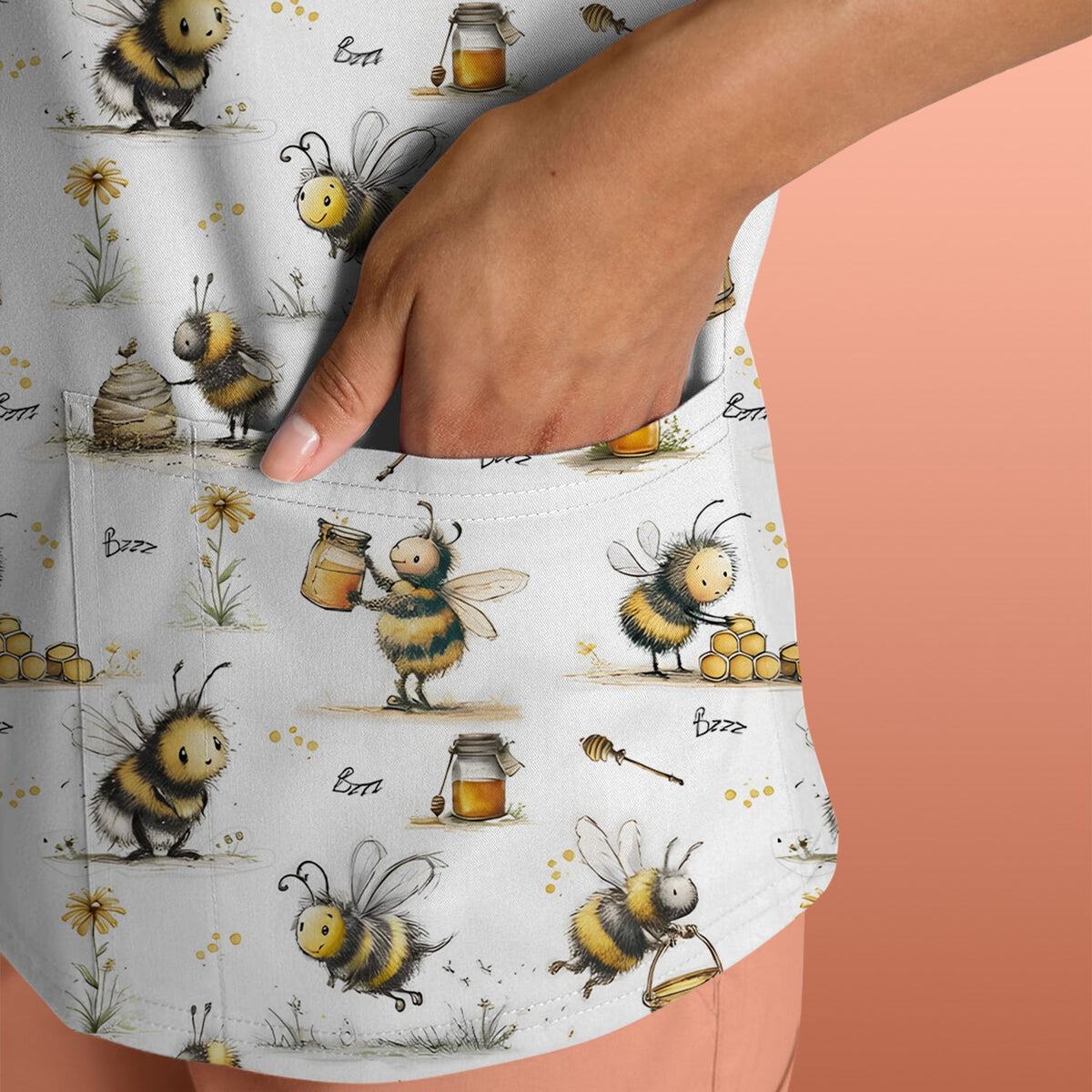 Cute Honey Bee Jar Garden Pattern Scrub Top, Comfortable Scrubs for Nurses