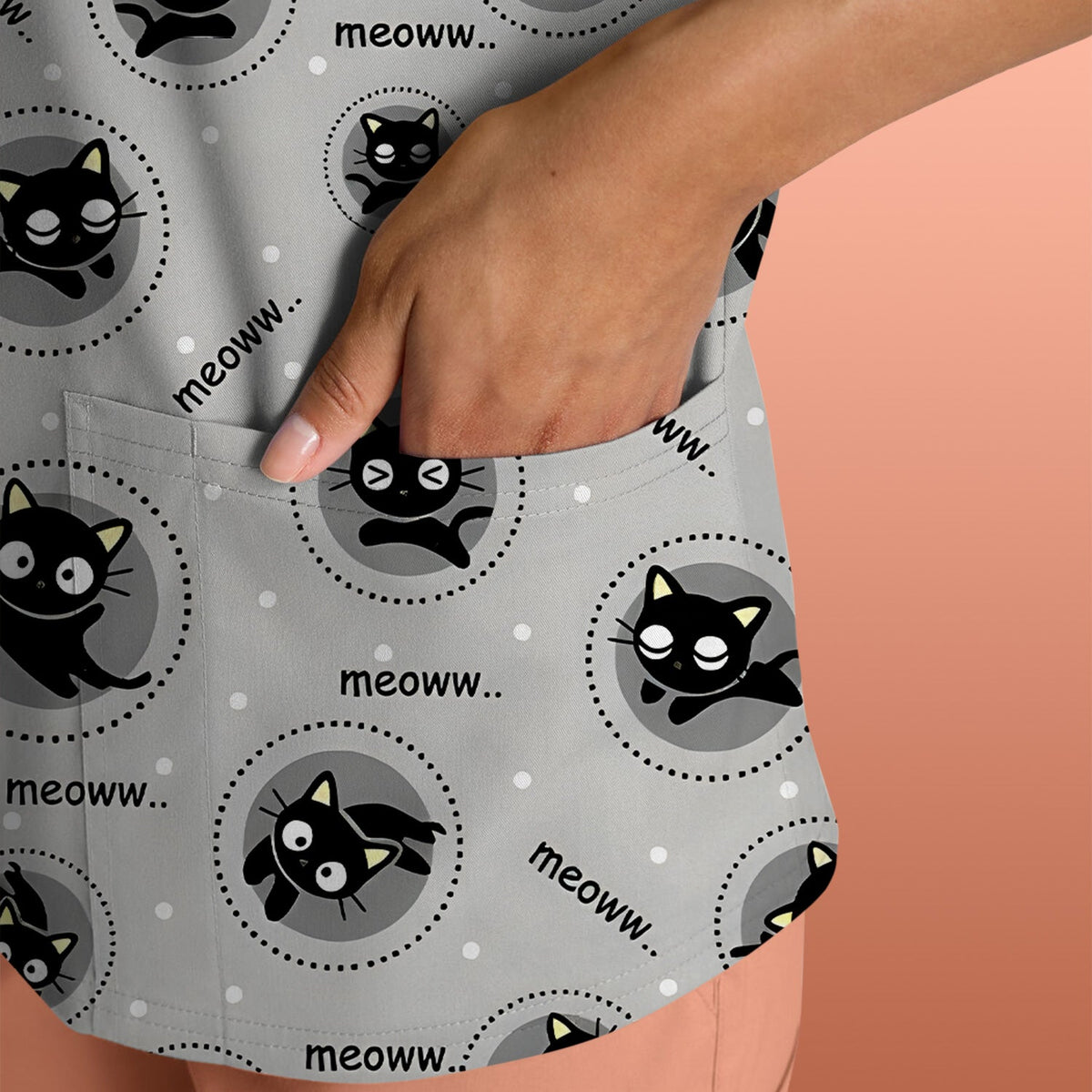 Black Cat Meow Nurse Scrub Top