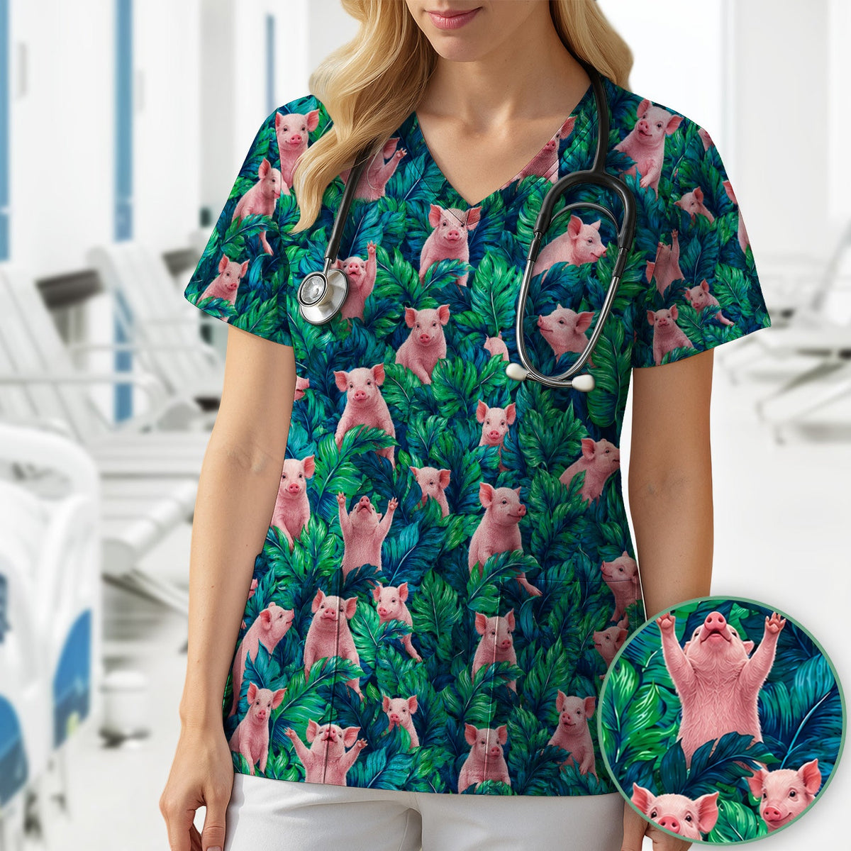 Piglet Jungle Leaves Nurse Scrub Top