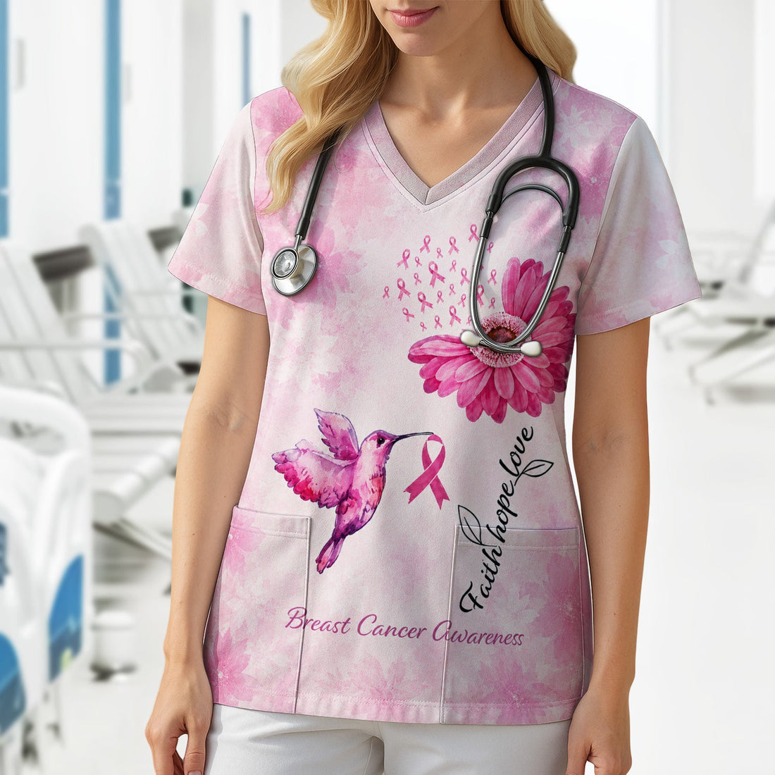 Breast Cancer Awareness Hummingbird Nurse Scrub Top