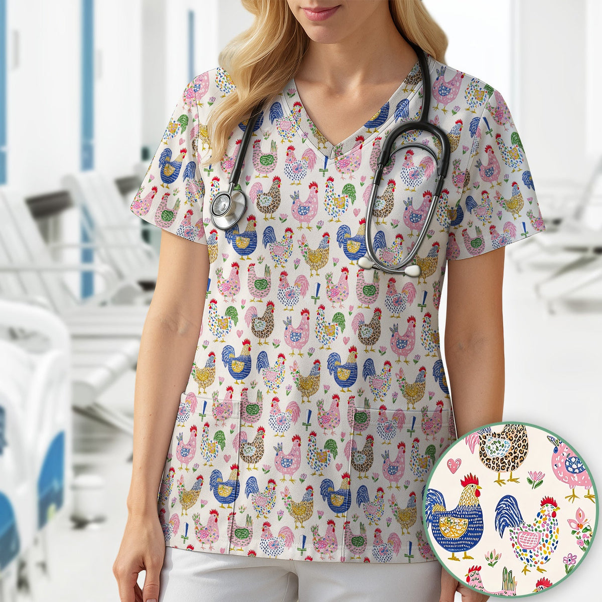 Chicken Rooster Nurse Scrub Top