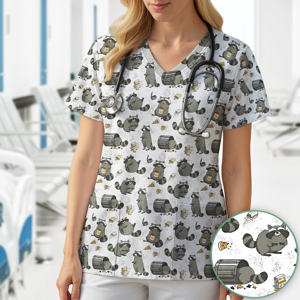 Raccoon Snack Trash Can Nurse Scrub Top