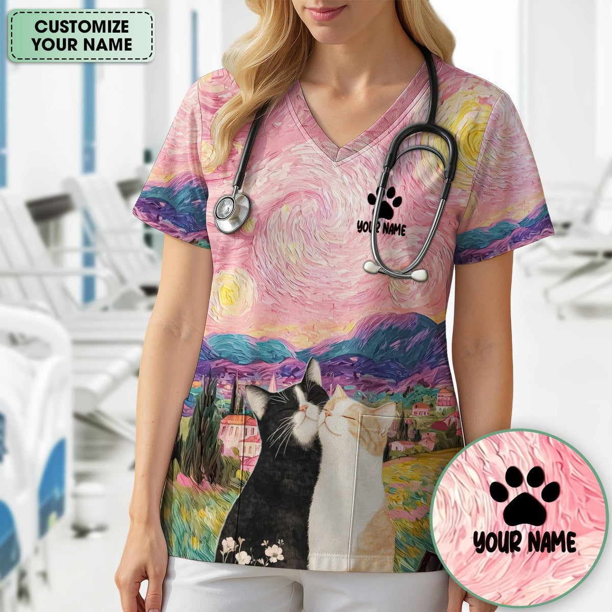 Personalized Cat Couple Sunset Sky Nurse Scrub Top