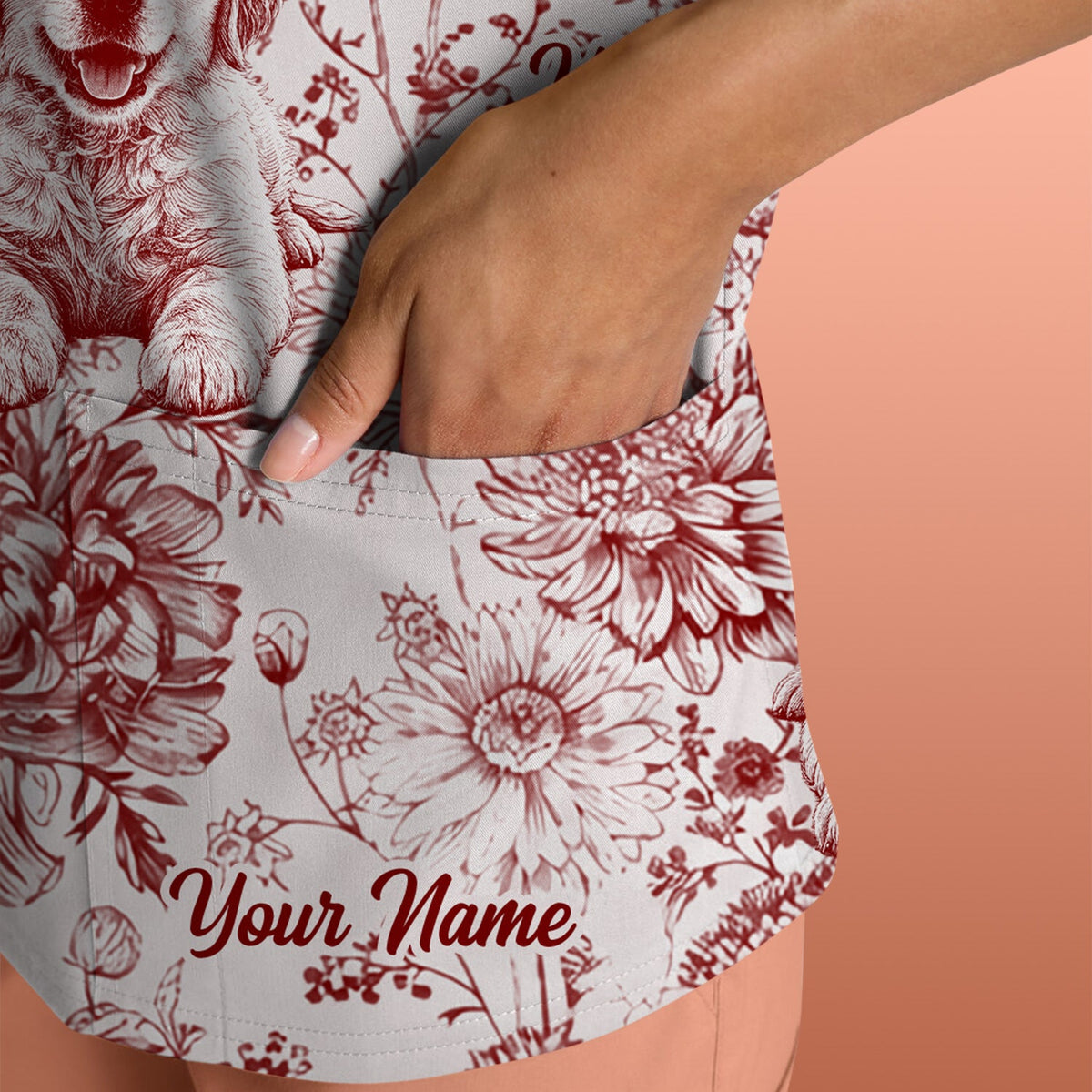 Personalized Pet Photo Floral Nurse Scrub Top