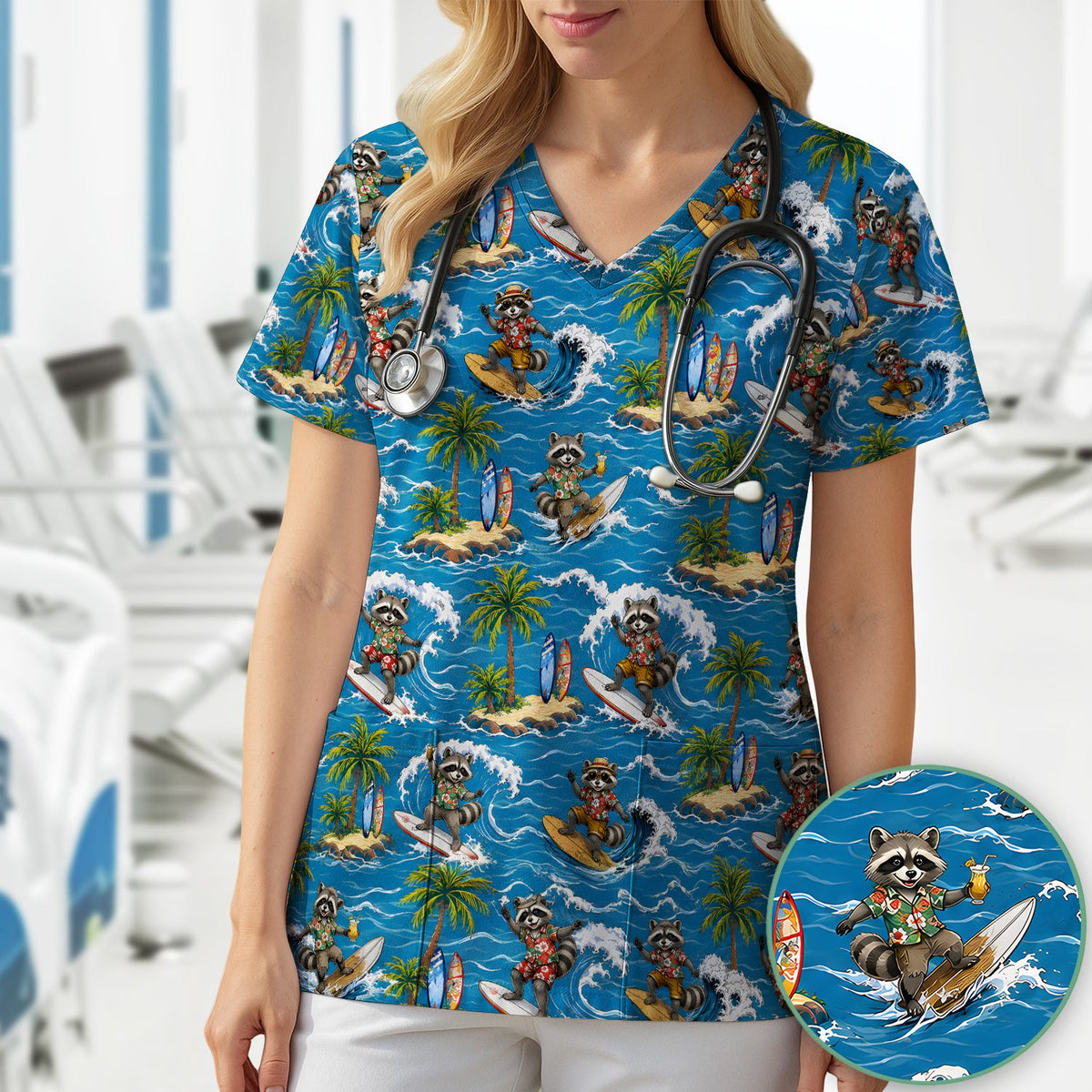 Tropical Surfing Raccoon Island Nurse Scrub Top